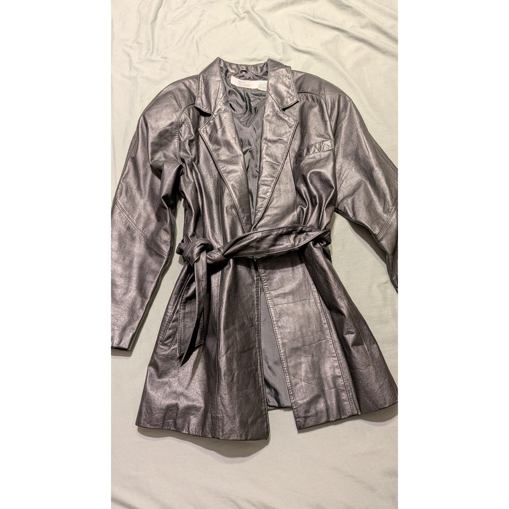 Avon‎ Fashions Black Leather Trench Coat Vintage Belted Jacket F5133X Womens SM